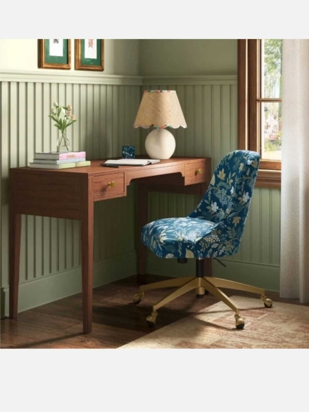 Rifle Paper Co. Ceramic Table Lamp with Natural Straw Shade and Floral Trim